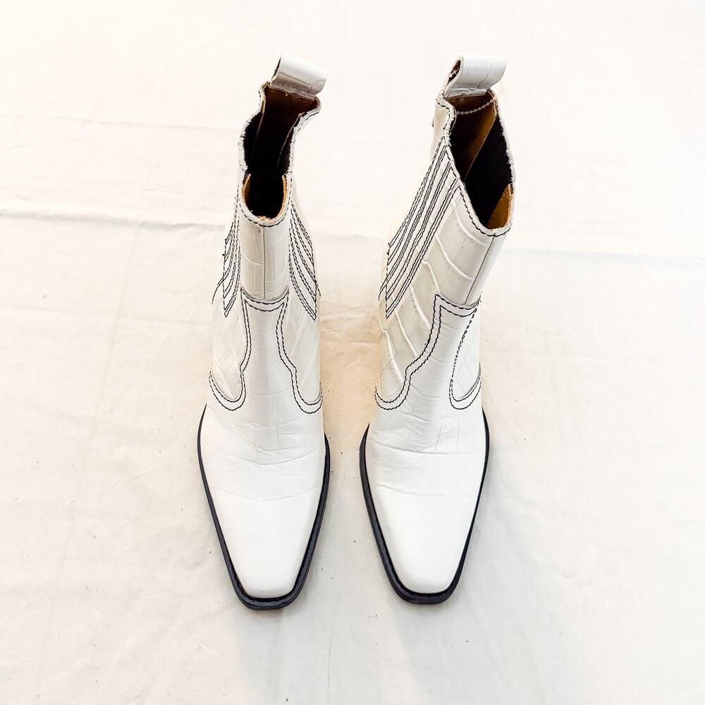 Ganni Embossed Leather Cowboy Boots Bootie Patent White Leather Size 37